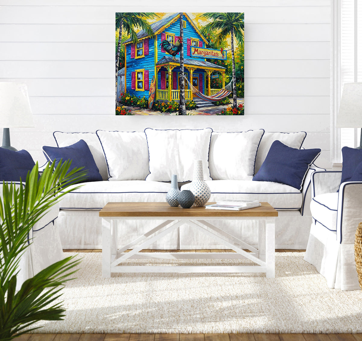 Margaritas Key West Conch House with Rooster & Hammock | Canvas or Paper Art Print