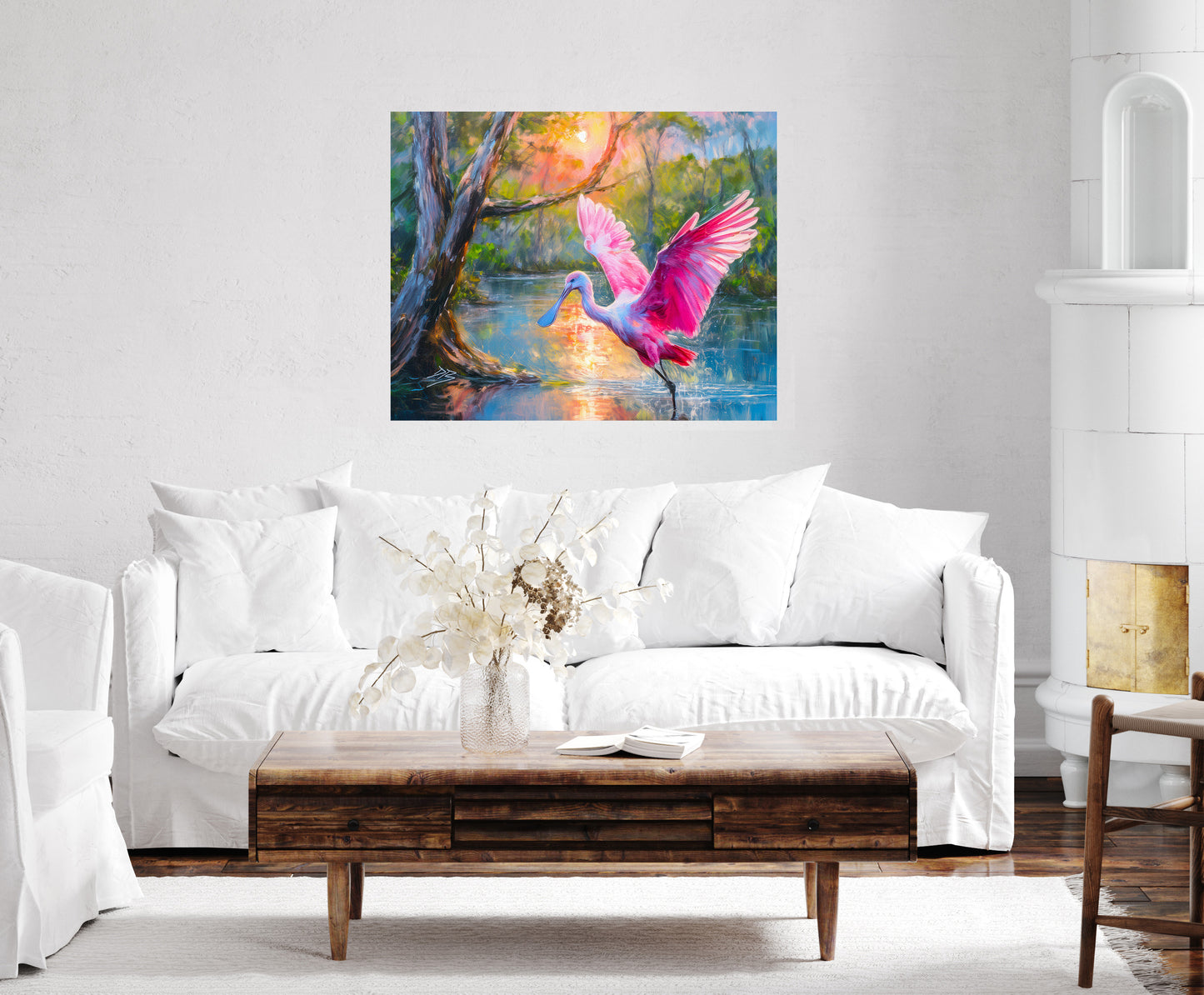 Roseate Spoonbill Wildlife Print: Florida Birds, Coastal Landscape Art