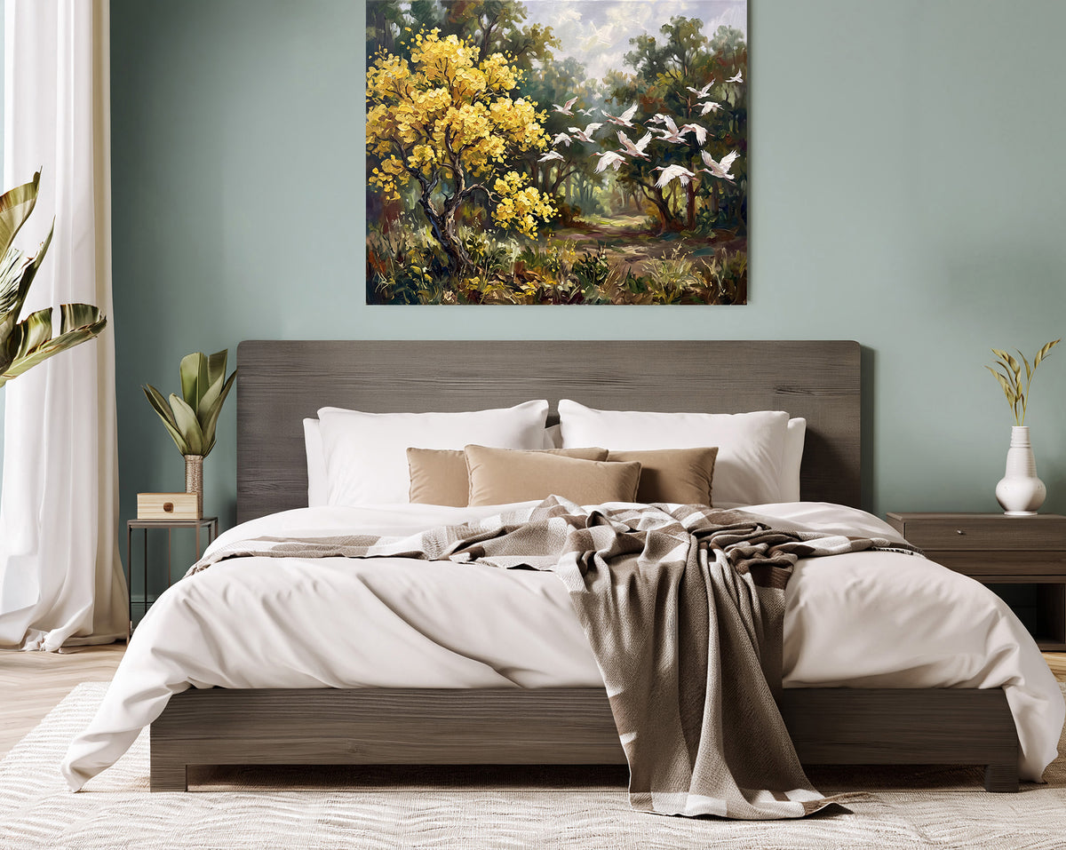White Wings, Golden Blossoms – Ibis in Flight | Canvas or Paper Art Print