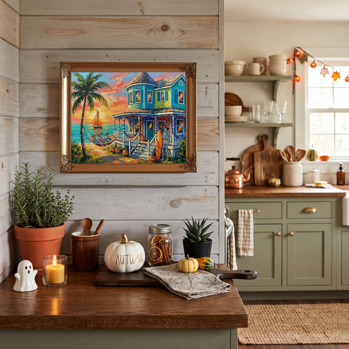 Key West Halloween Skeleton Beach Cottage Sunset | Canvas or Paper Art Print