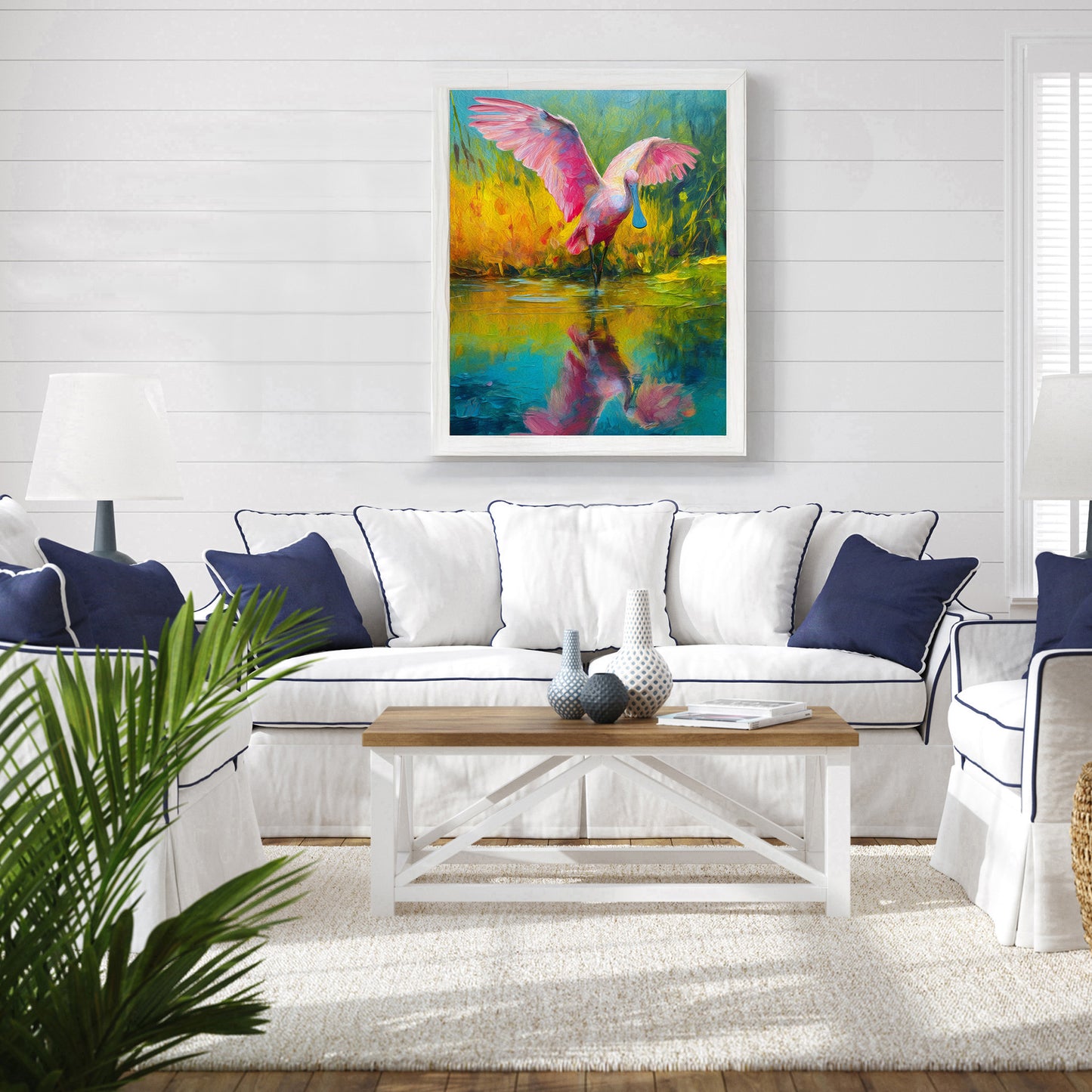 Roseate Spoonbill Wading in Blue Waters: Florida Wildlife Art Print