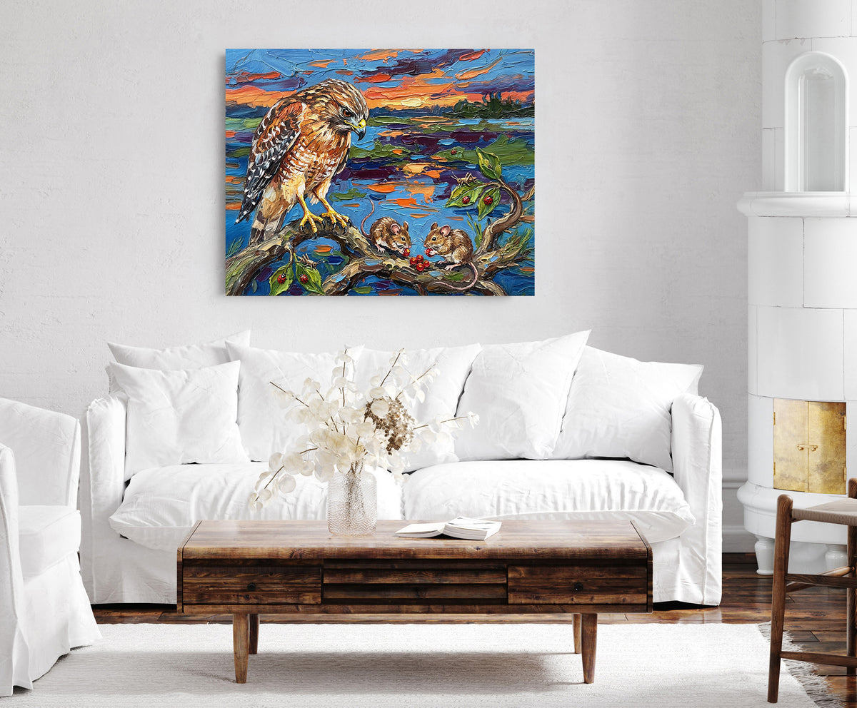 Hawk & Two Mice at Sunset | Canvas or Paper Wildlife Art Print
