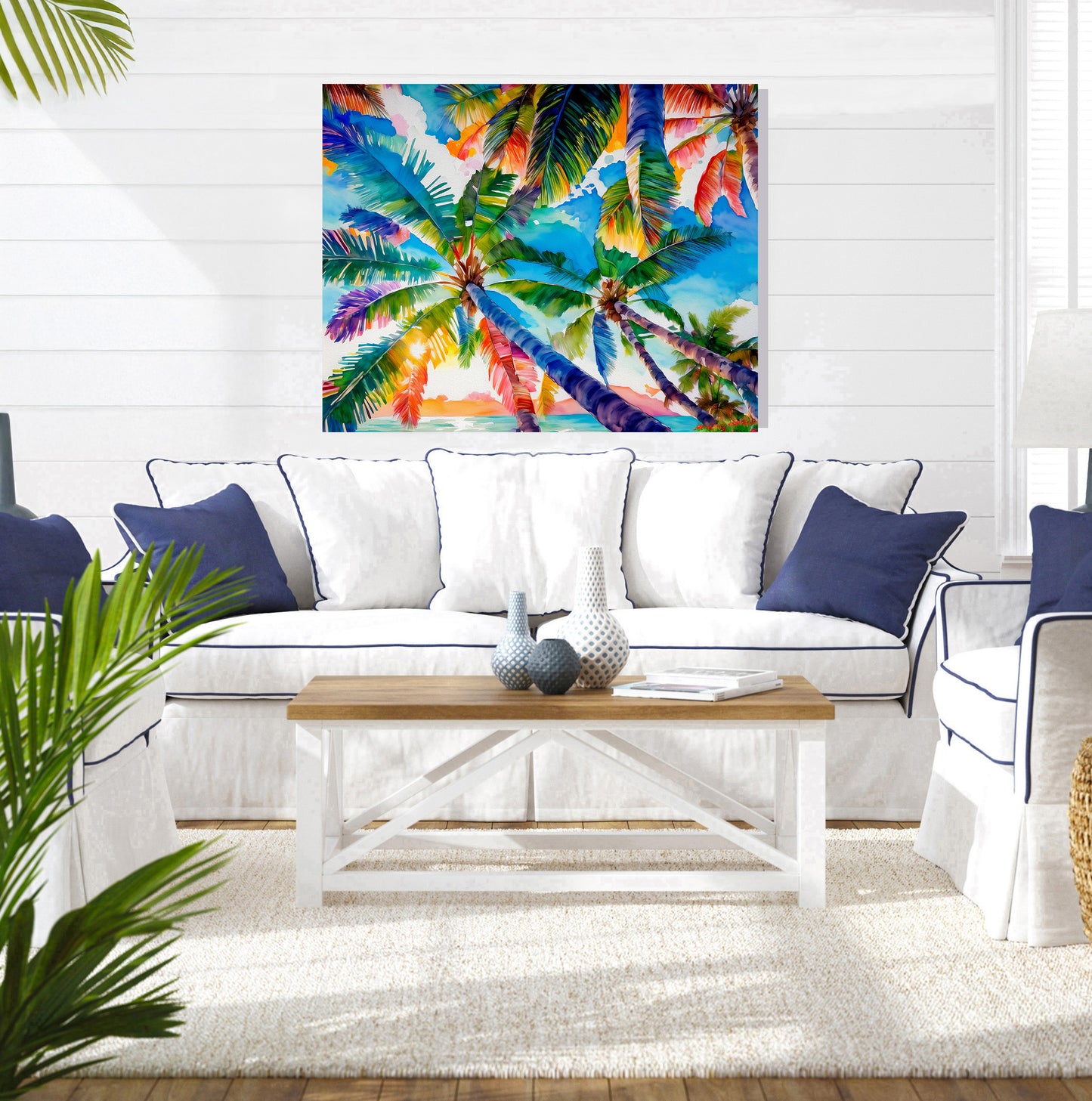 Beach, Palm Trees and Sunset, Vibrant Print: Canvas or Paper