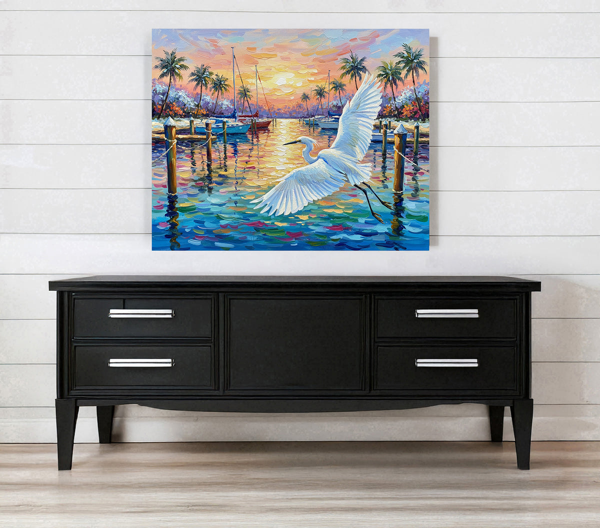 Great Egret Marina Sunset Fine Art Print | Florida Coastal Wildlife Art | Canvas or Paper