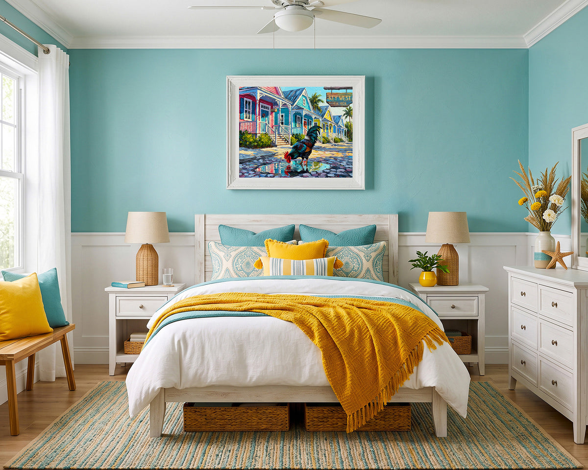 Key West Rooster on Duval Street | Colorful Conch Cottages Art Print
