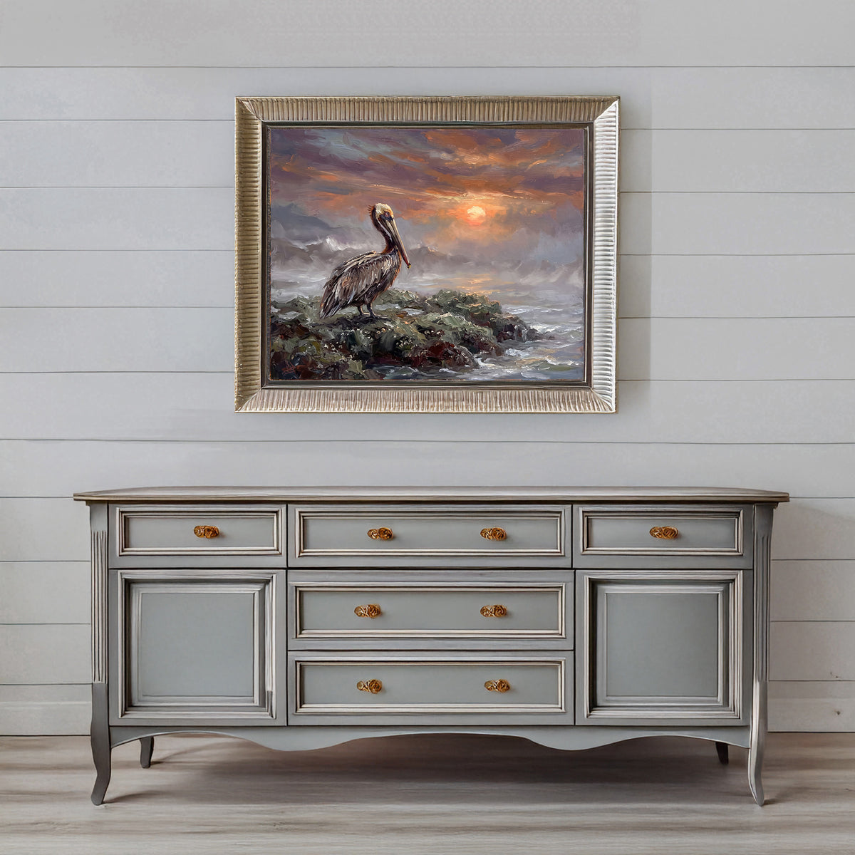 Keeper of the Evening Tide – Pelican at Sunset | Canvas or Paper Art Print