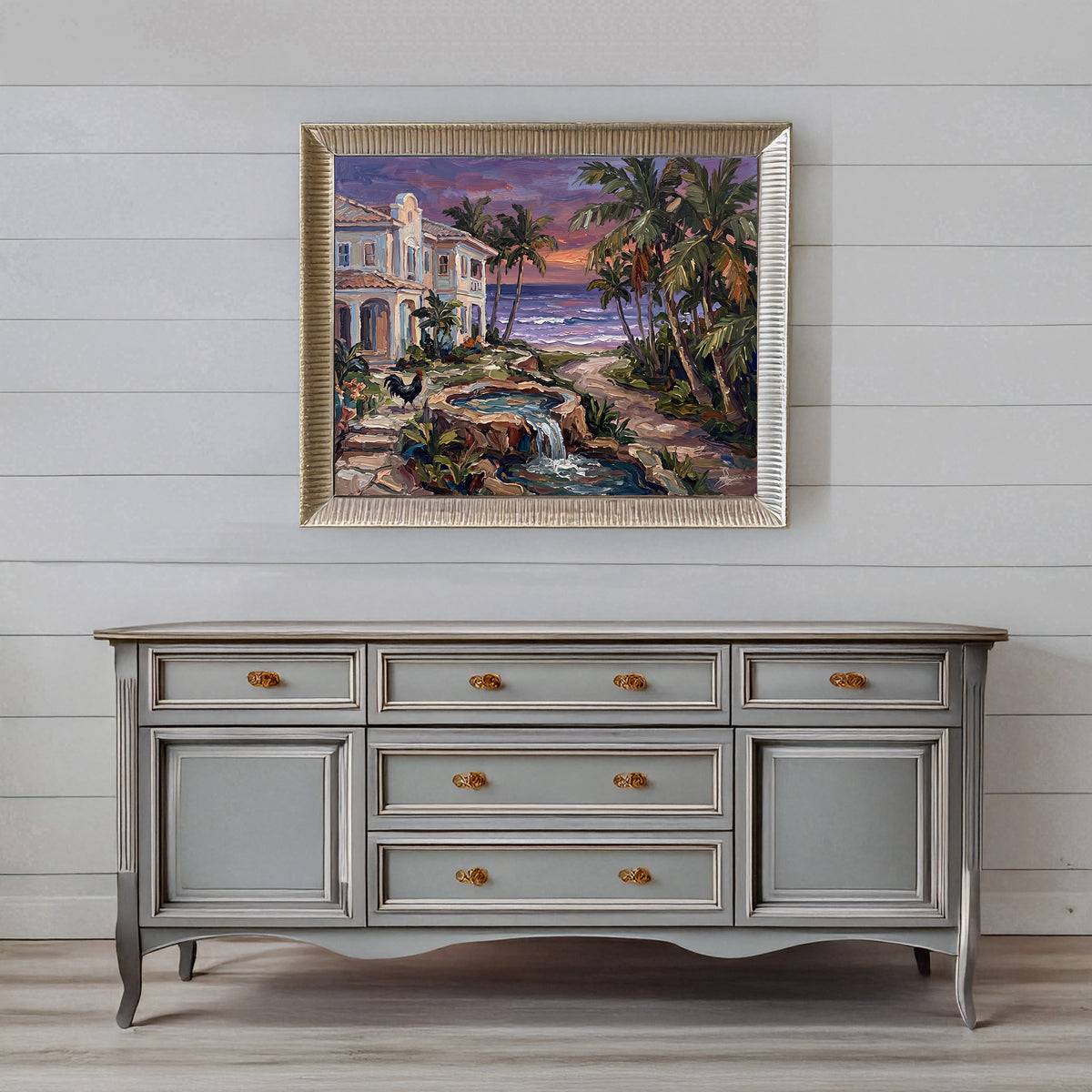 Where the Water Sings – Key West Twilight Garden & Rooster | Canvas or Paper Art Print