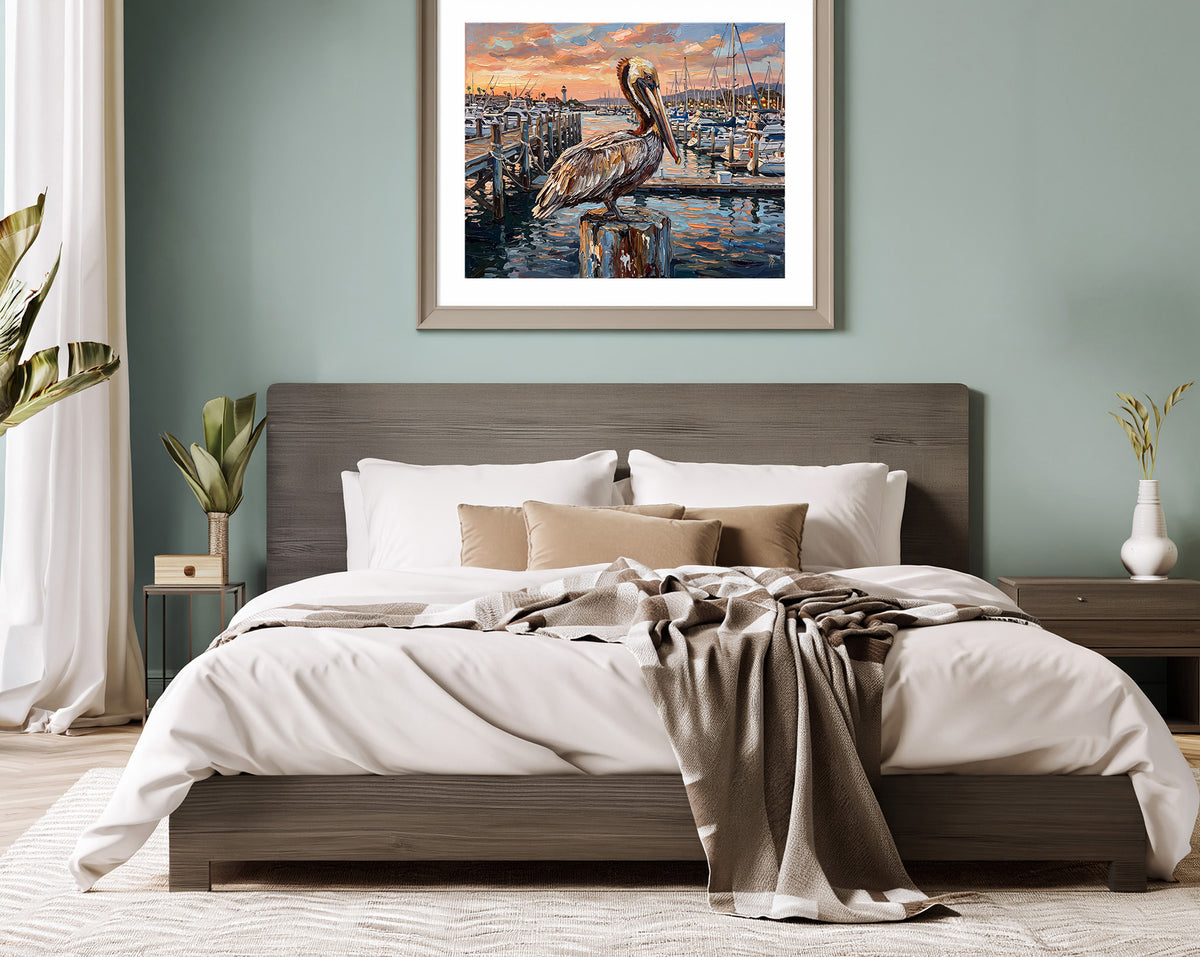 The Harbor Lookout – Pelican at Sunset Marina | Canvas or Paper Art Print