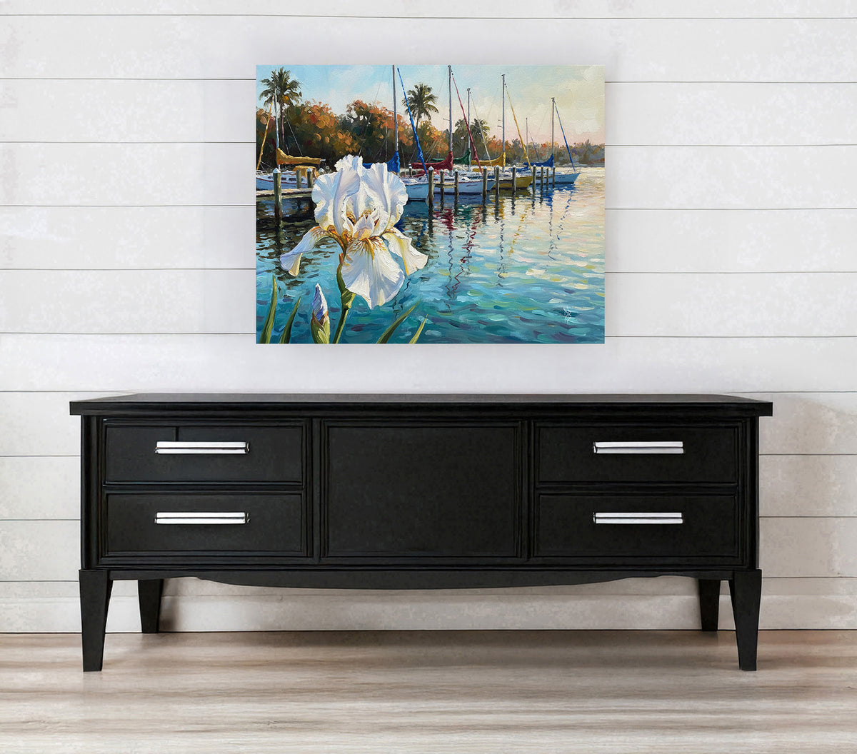 White Iris & Sailboats Florida Marina Fine Art Print | Floral Coastal Art | Canvas or Paper