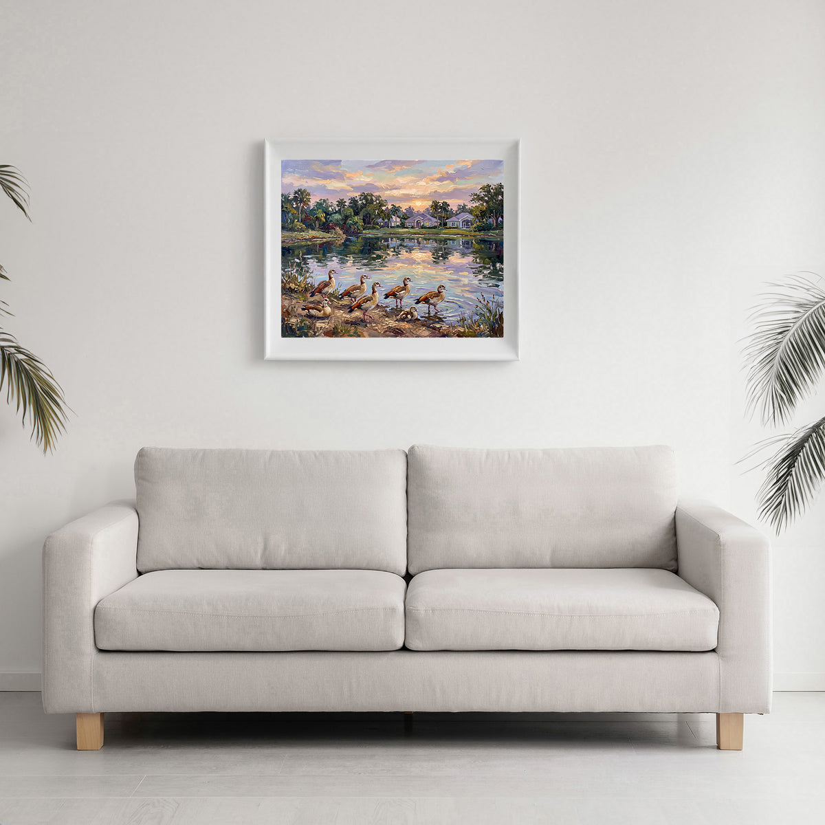 Golden Hour Gathering – Egyptian Geese by the Pond | Canvas or Paper Art Print