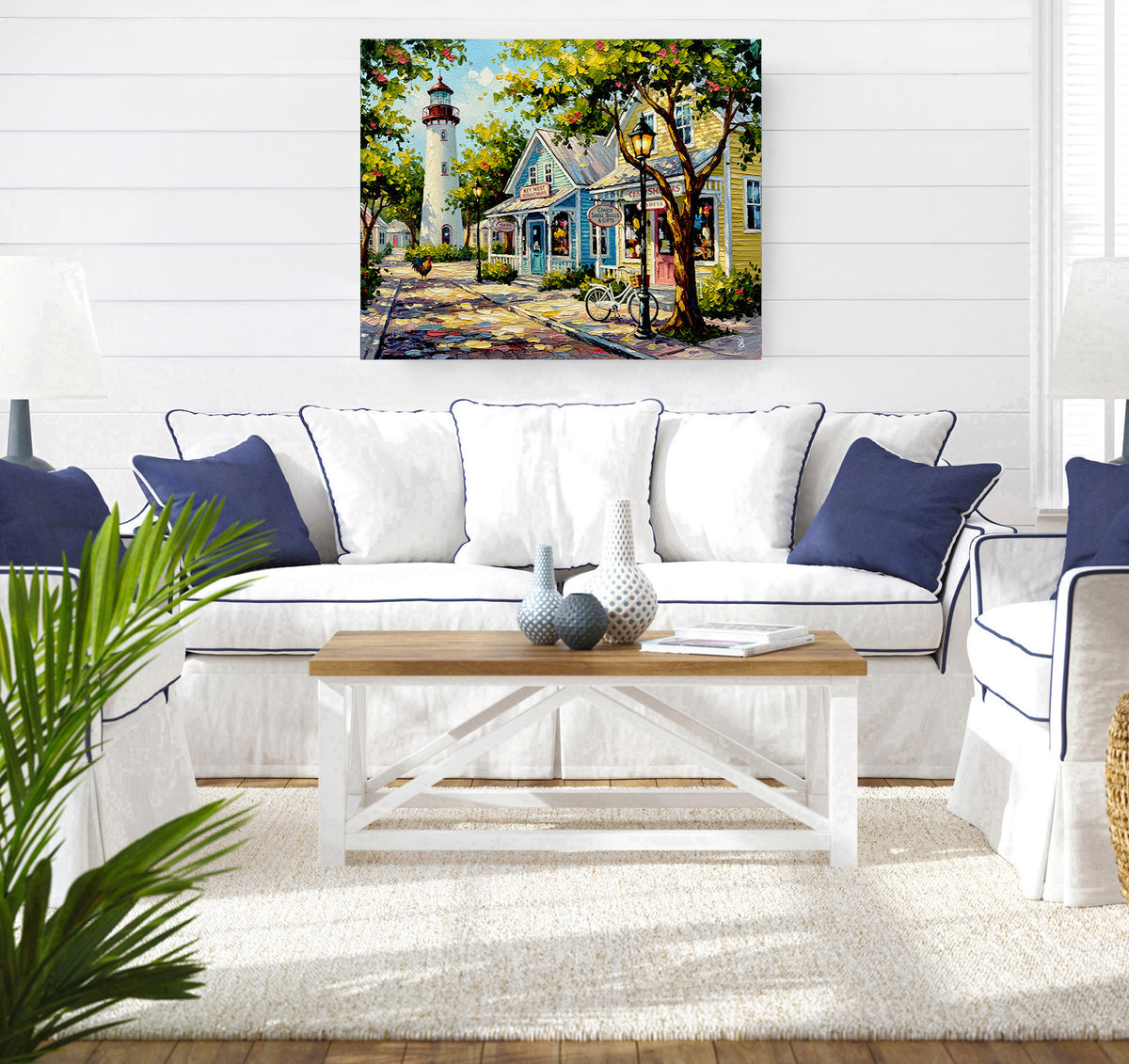 Key West Lighthouse & Colorful Shops | Canvas or Paper Art Print