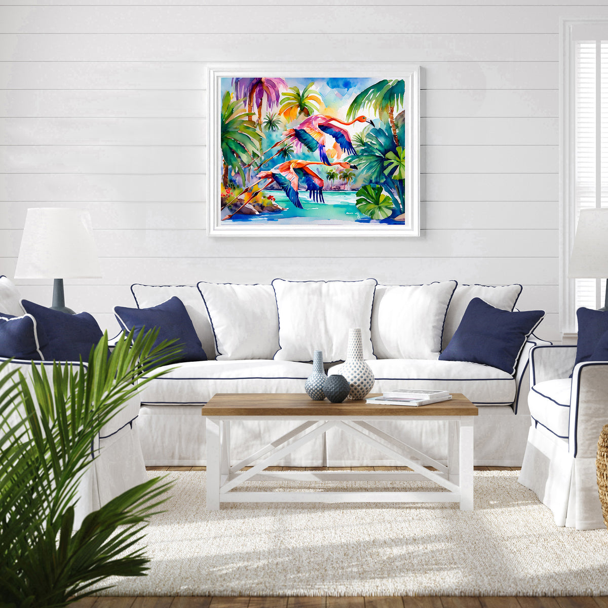 Flamingos Flying Coastal Tropical Landscape Vibrant Print