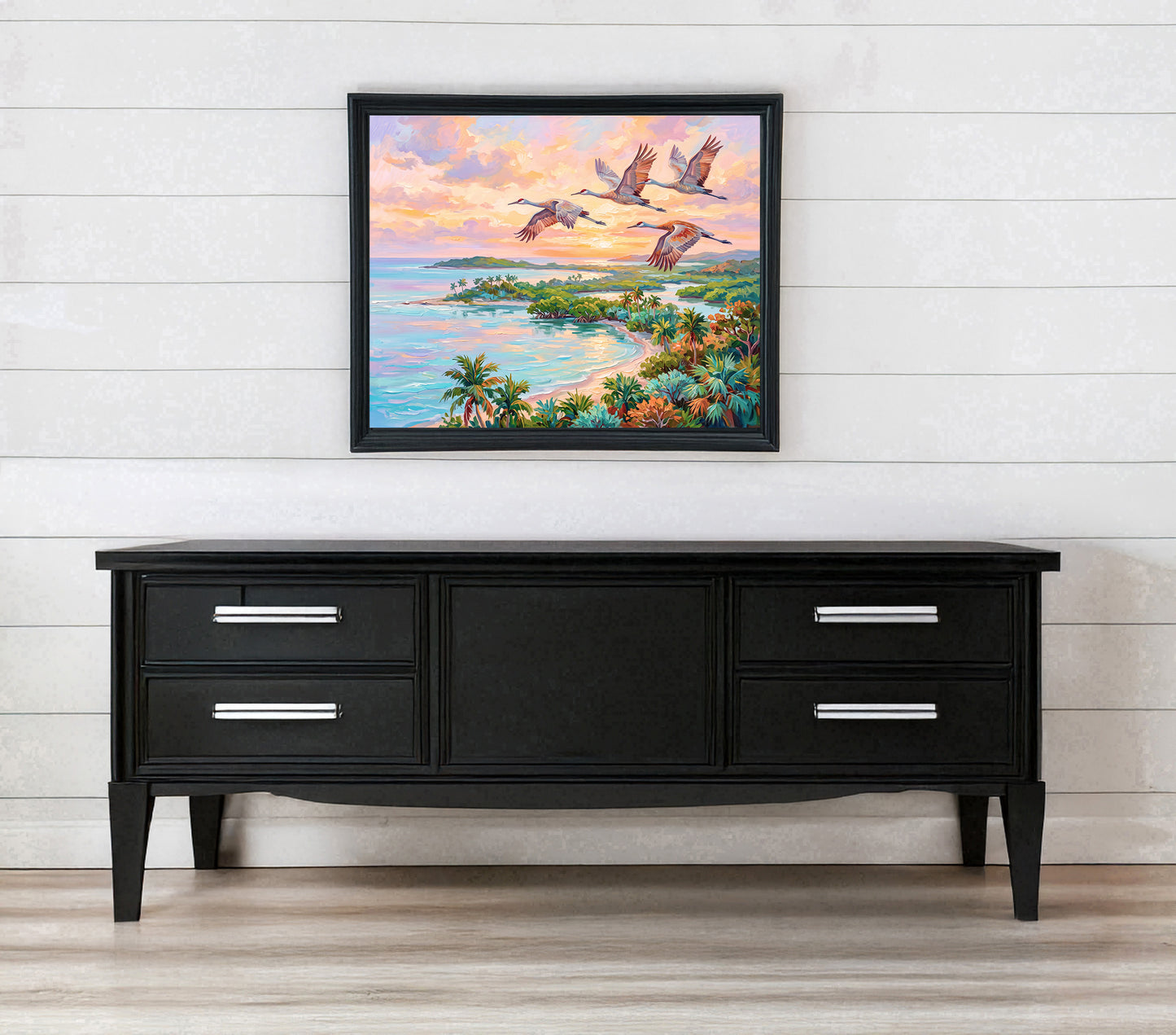 Flamingos Flying Over Blue Waters Coastal Tropical Landscape Vibrant Print
