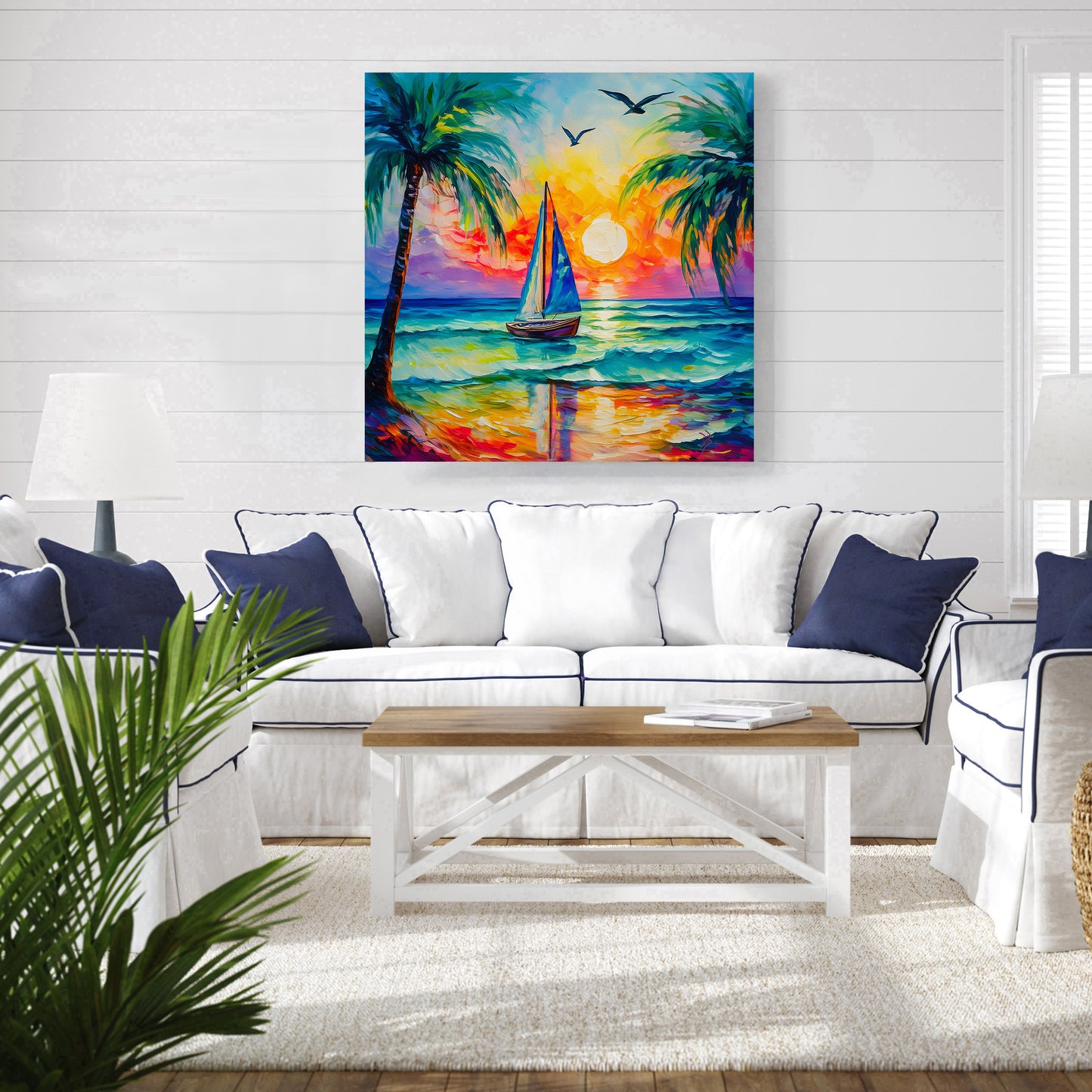 Sailboat, Palm Trees, Sunset, Ocean Waves Print on Canvas or Paper