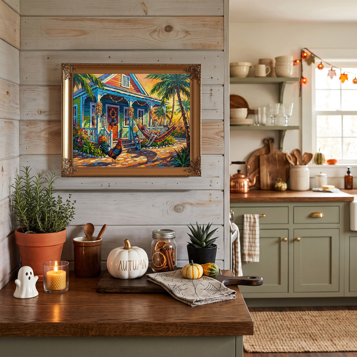 Key West Halloween Skeleton Conch Cottage with Rooster | Canvas or Paper Art Print