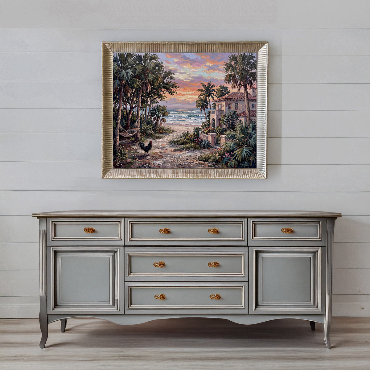 An Evening by the Sea – Key West Sunset, Hammock & Rooster | Canvas or Paper Art Print