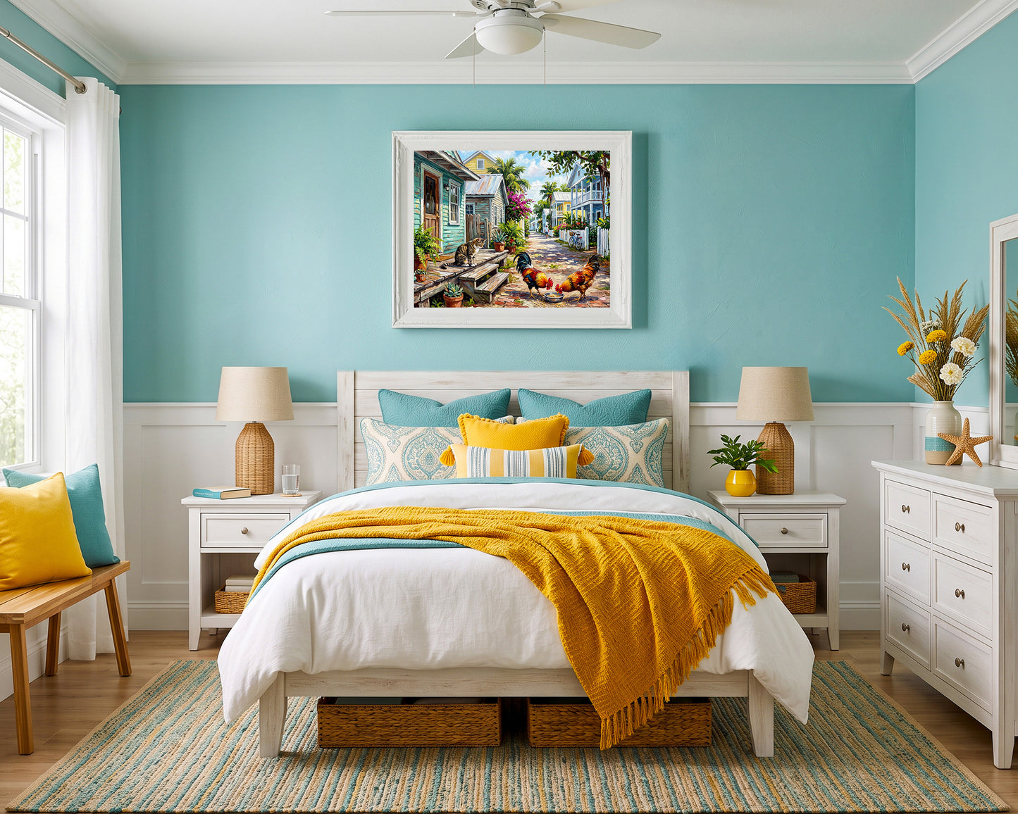 Key West Homes and Roosters Print: Canvas or Paper