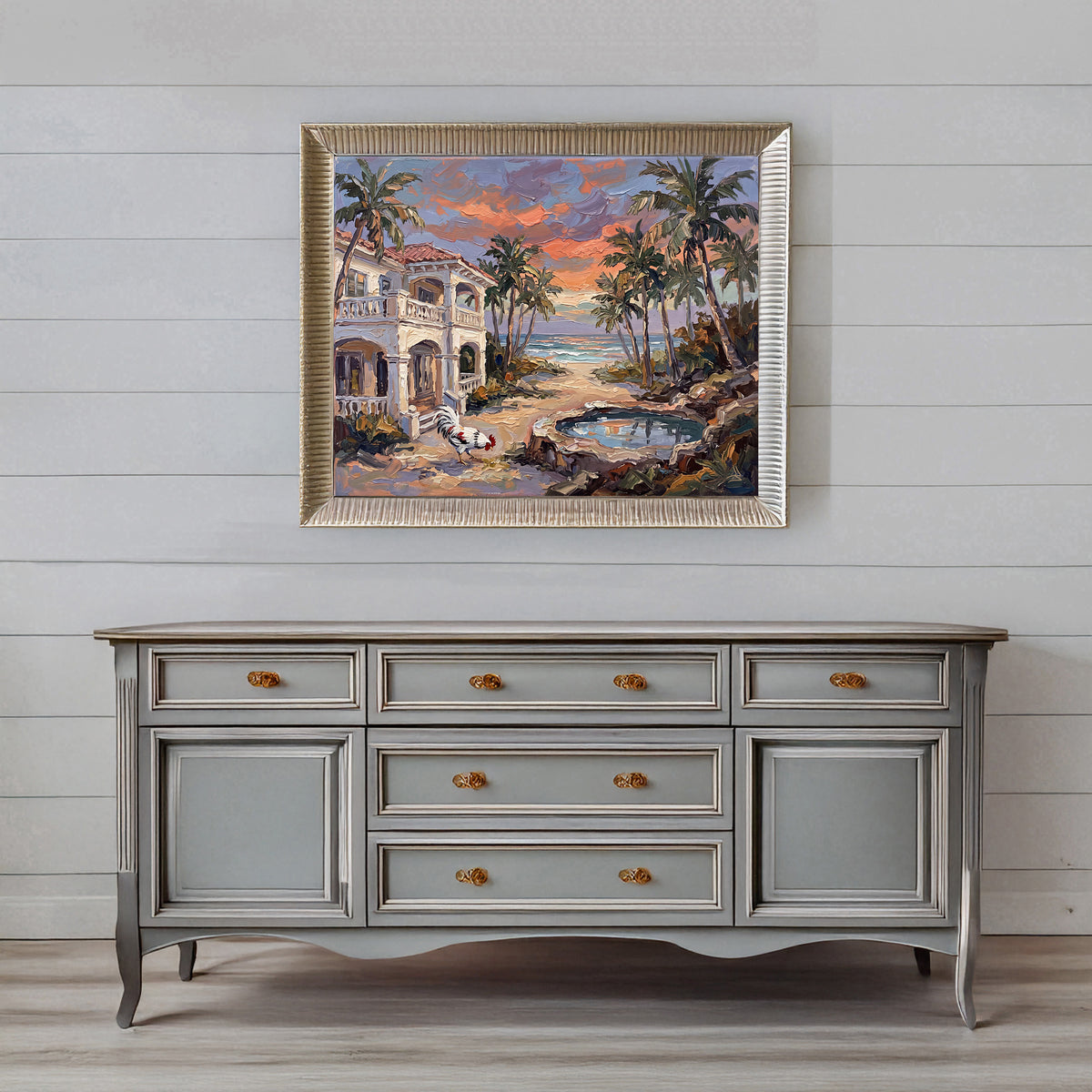 Reflections of an Island Sunset – Key West Coastal House & Rooster | Canvas or Paper Art Print