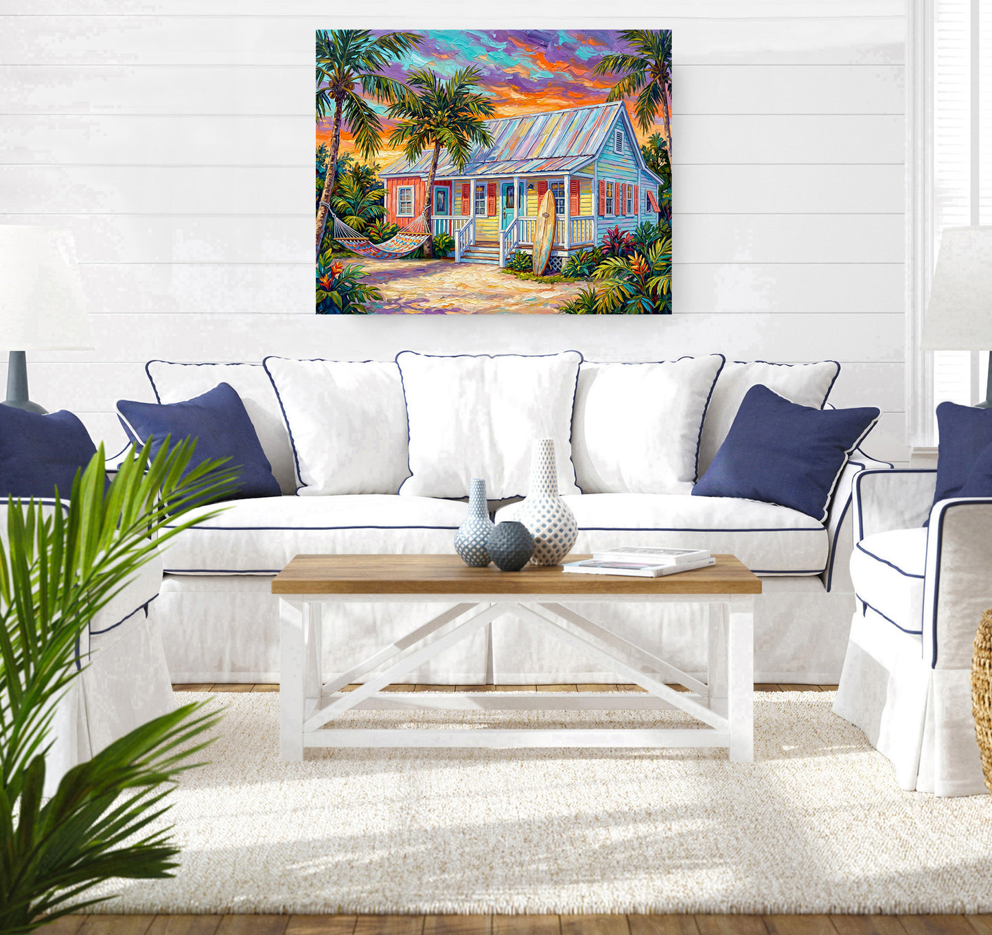Key West Sunset Conch Cottage with Surfboard & Hammock | Canvas or Paper Art Print