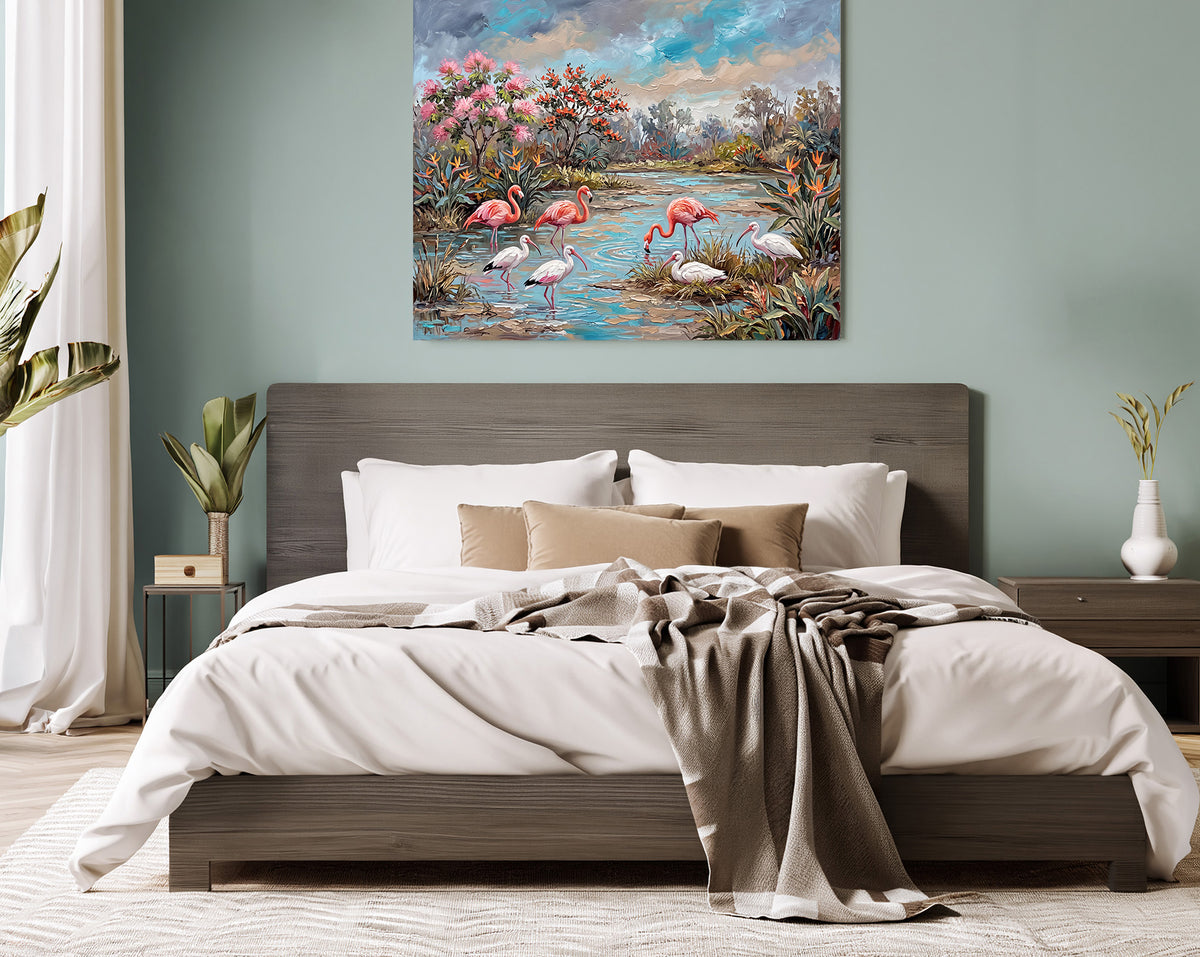 Flamingos & White Ibis in a Tropical Lagoon | Canvas or Paper Art Print
