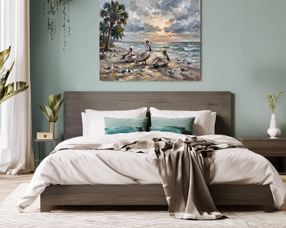 Pelicans at Sunset on a Palm-Lined Beach | Canvas or Paper Art Print