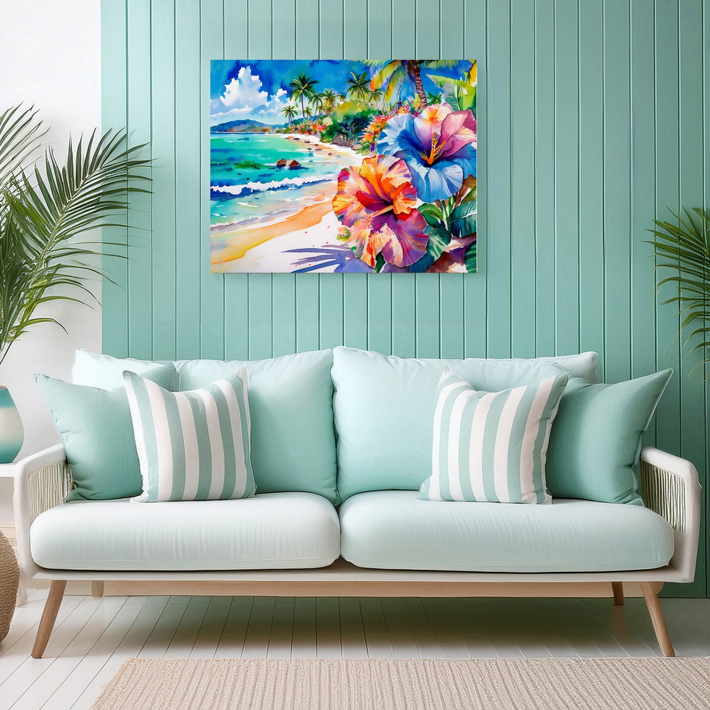 Beach, Palm Trees and Hibiscus, Vibrant Print: Canvas or Paper