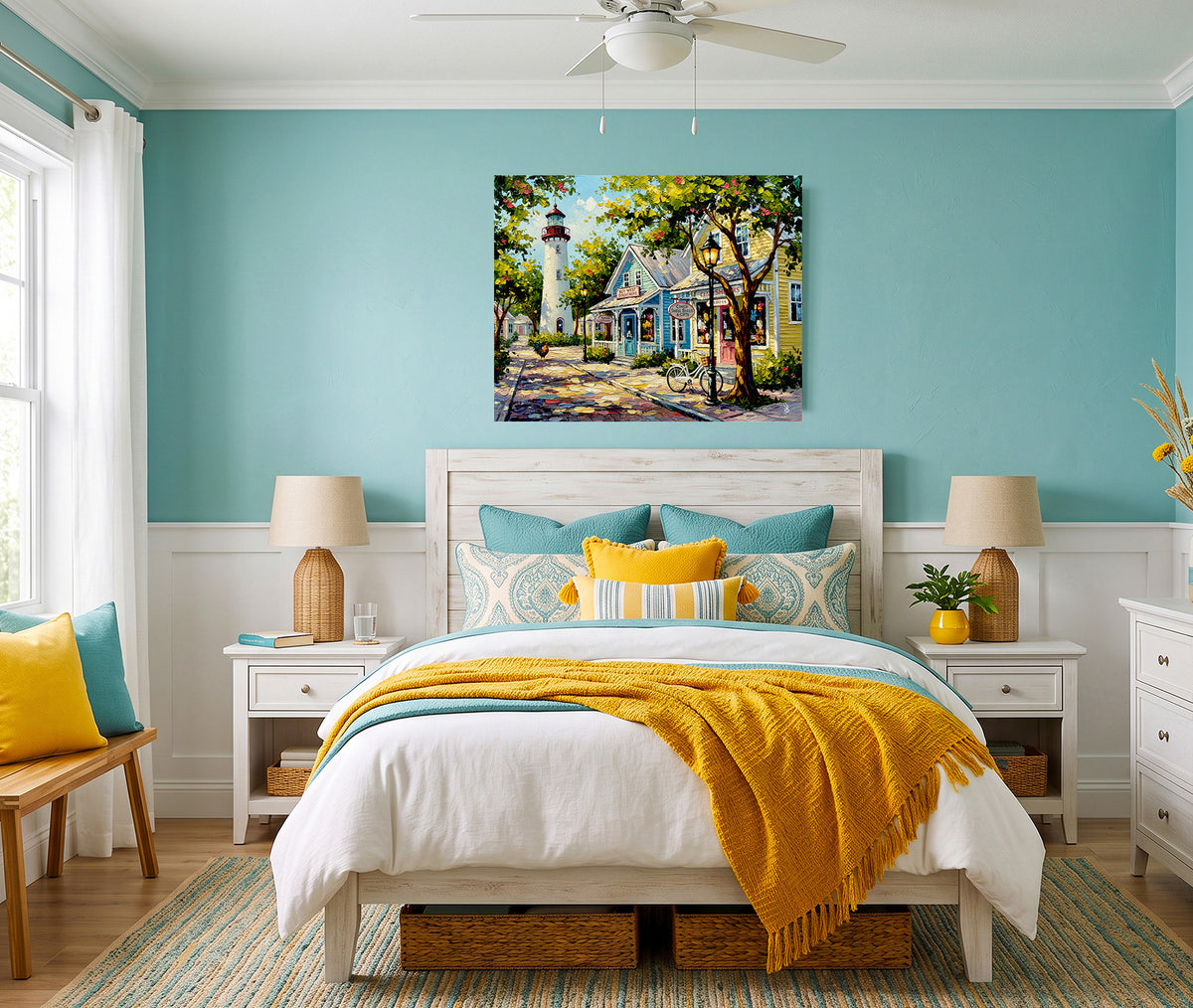Key West Lighthouse & Colorful Shops | Canvas or Paper Art Print