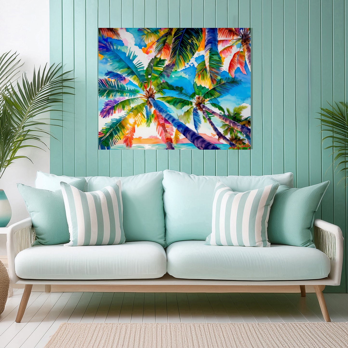 Beach, Palm Trees and Sunset, Vibrant Print: Canvas or Paper