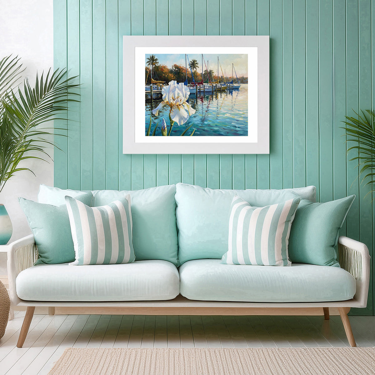 White Iris & Sailboats Florida Marina Fine Art Print | Floral Coastal Art | Canvas or Paper