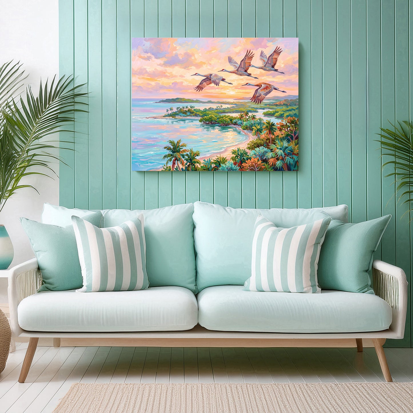 Flamingos Flying Over Blue Waters Coastal Tropical Landscape Vibrant Print