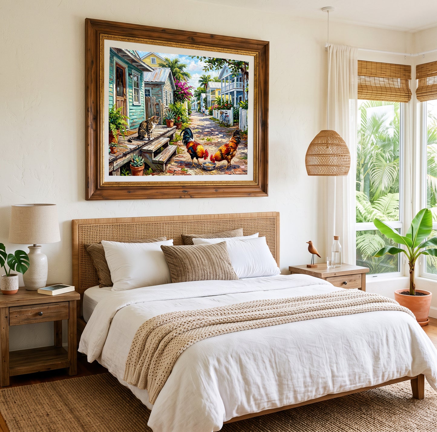 Key West Homes and Roosters Print: Canvas or Paper