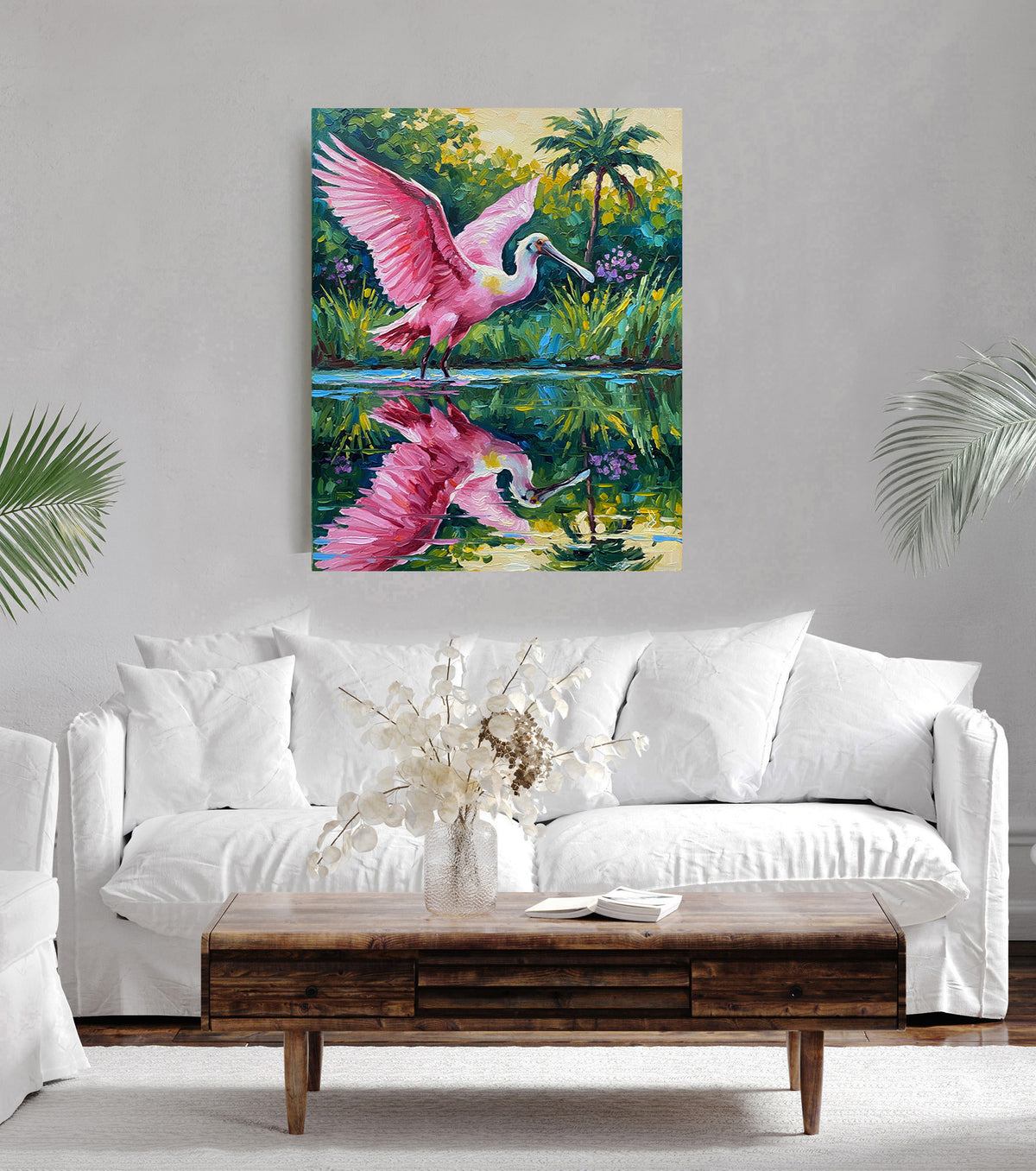 Roseate Spoonbill with Wings Spread in a Tropical Lagoon | Canvas or Paper Art Print