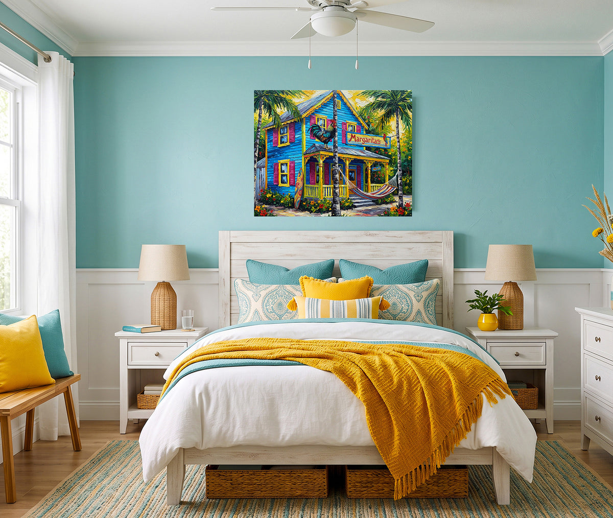 Margaritas Key West Conch House with Rooster & Hammock | Canvas or Paper Art Print