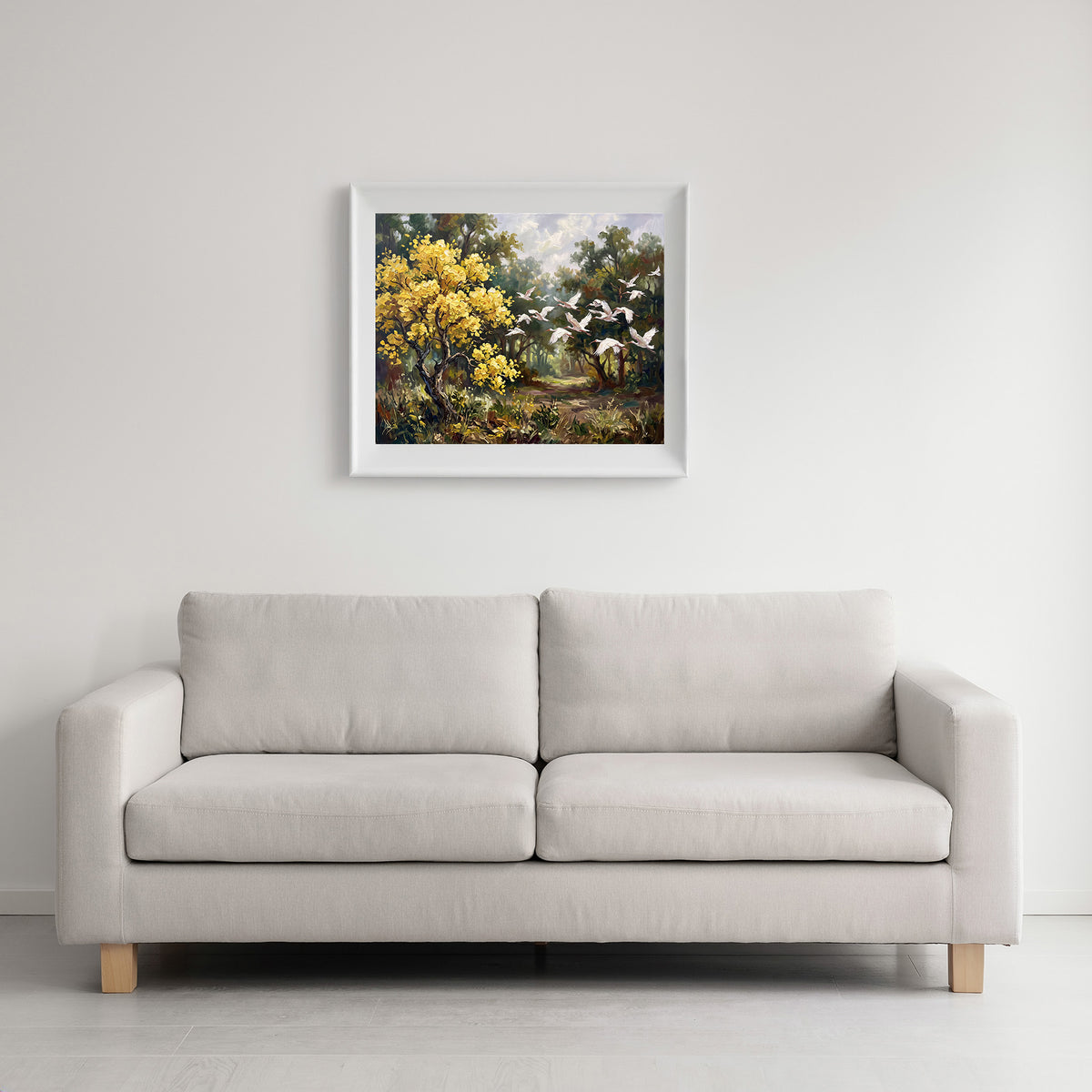 White Wings, Golden Blossoms – Ibis in Flight | Canvas or Paper Art Print