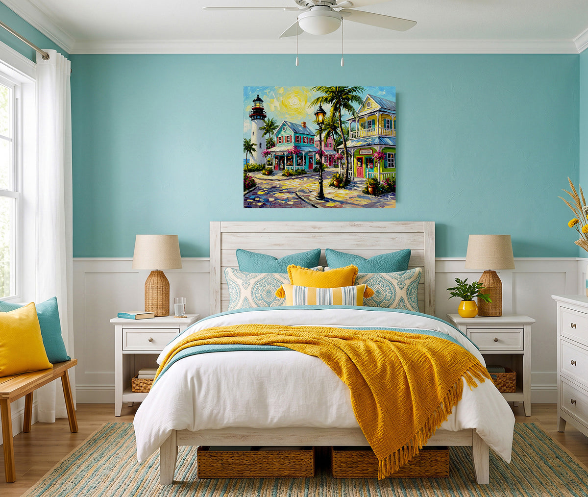 Key West Lighthouse & Pastel Conch Cottages | Canvas or Paper Art Print