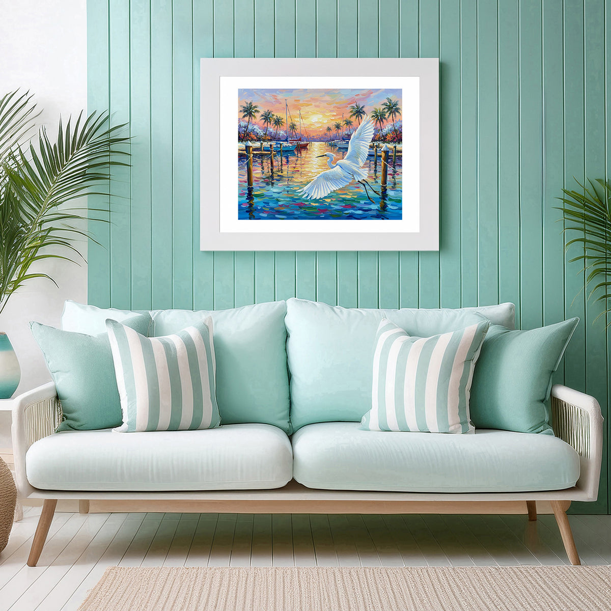 Great Egret Marina Sunset Fine Art Print | Florida Coastal Wildlife Art | Canvas or Paper
