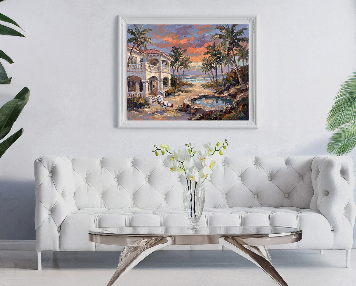 Reflections of an Island Sunset – Key West Coastal House & Rooster | Canvas or Paper Art Print