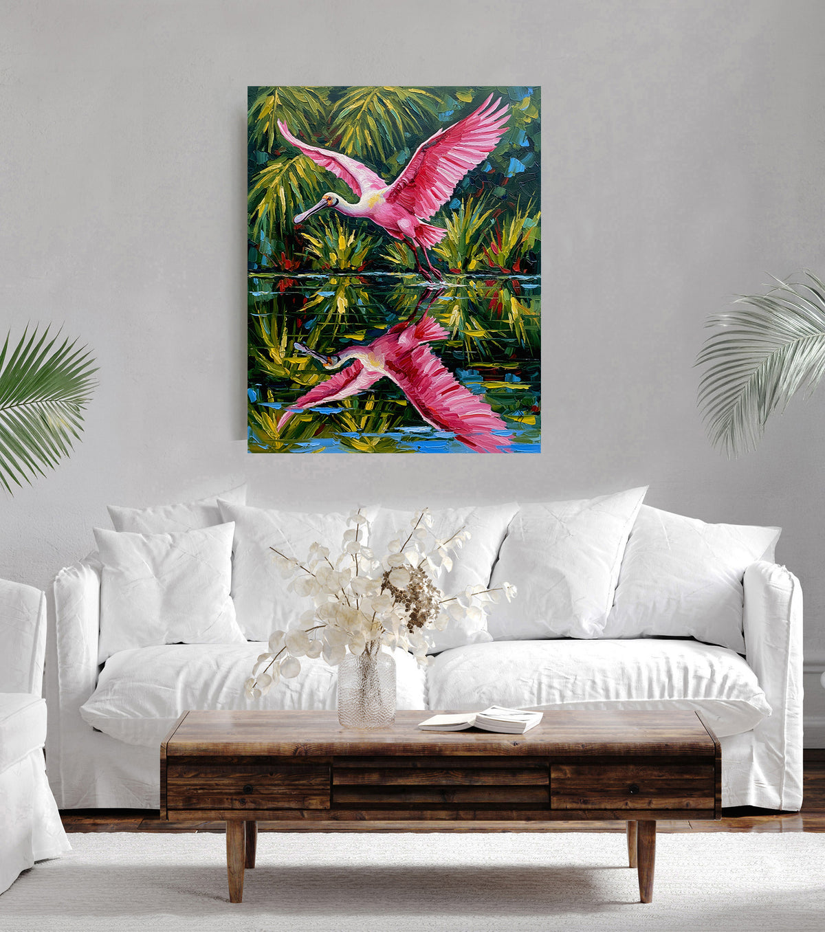 Roseate Spoonbill in Flight Over Tropical Wetlands | Canvas or Paper Art Print