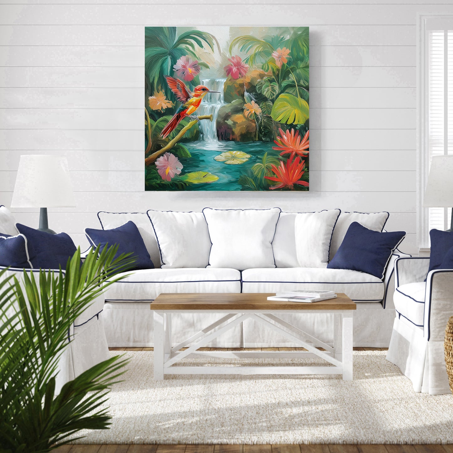 Hummingbird and Waterfall Tropical Print: Canvas or Paper