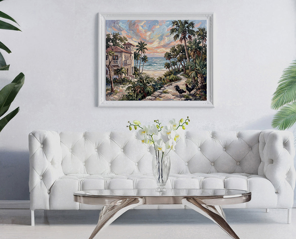 Where the Palms Meet the Sea – Key West Coastal House & Roosters | Canvas or Paper Art Print