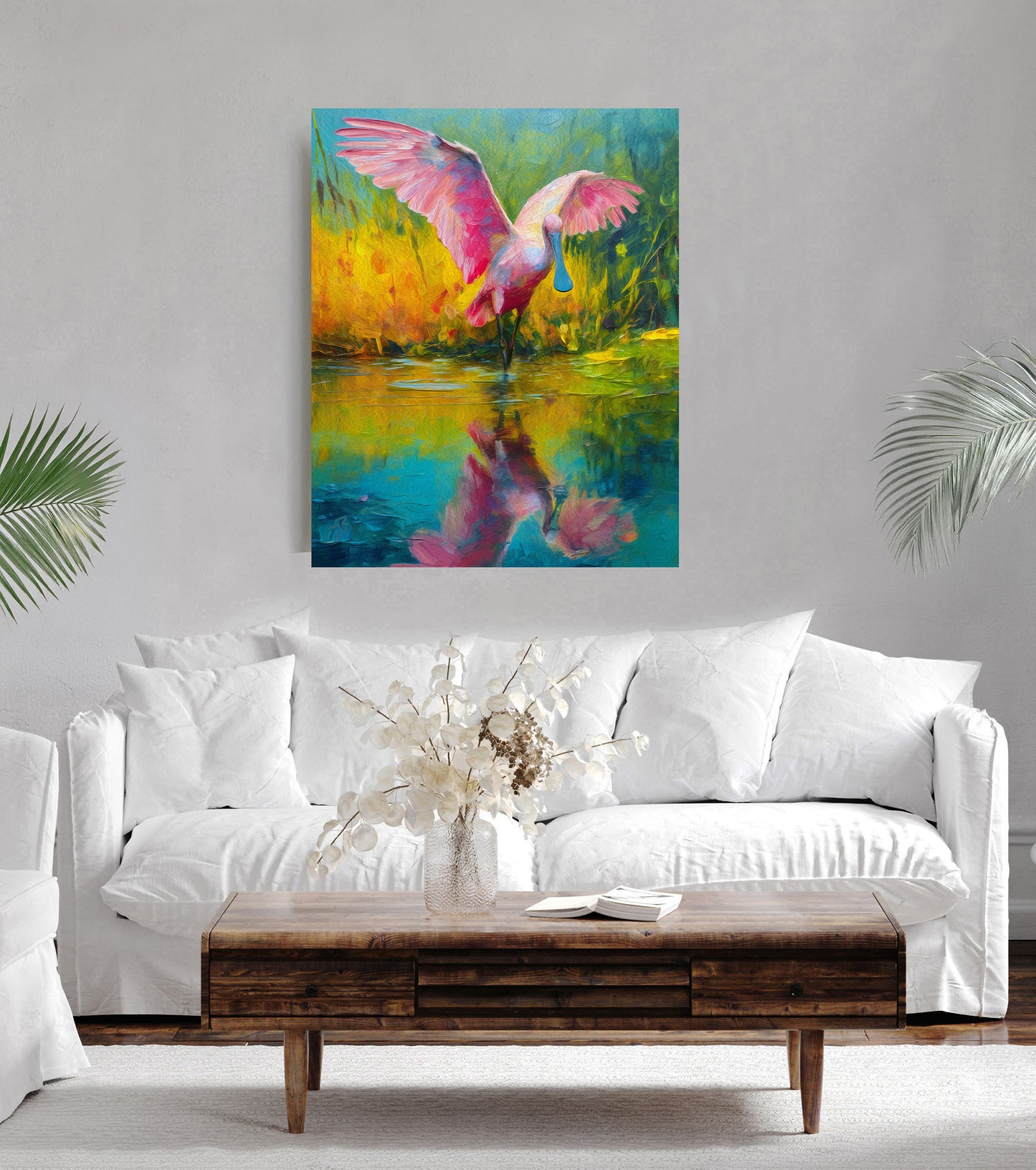 Roseate Spoonbill Wading in Blue Waters: Florida Wildlife Art Print