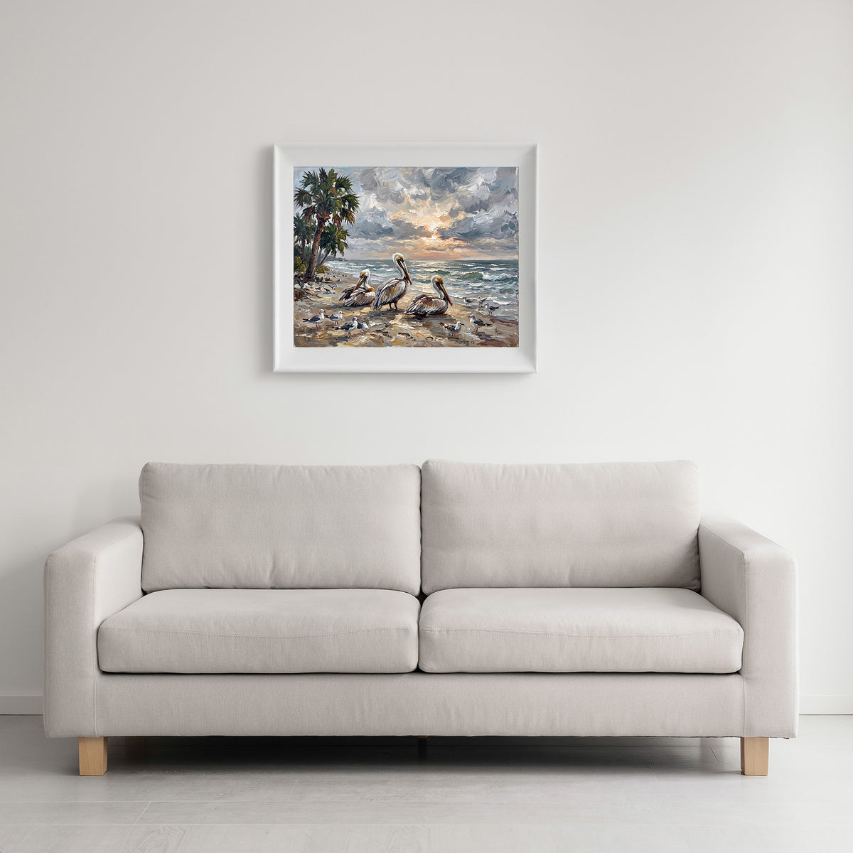 Pelicans at Sunset on a Palm-Lined Beach | Canvas or Paper Art Print