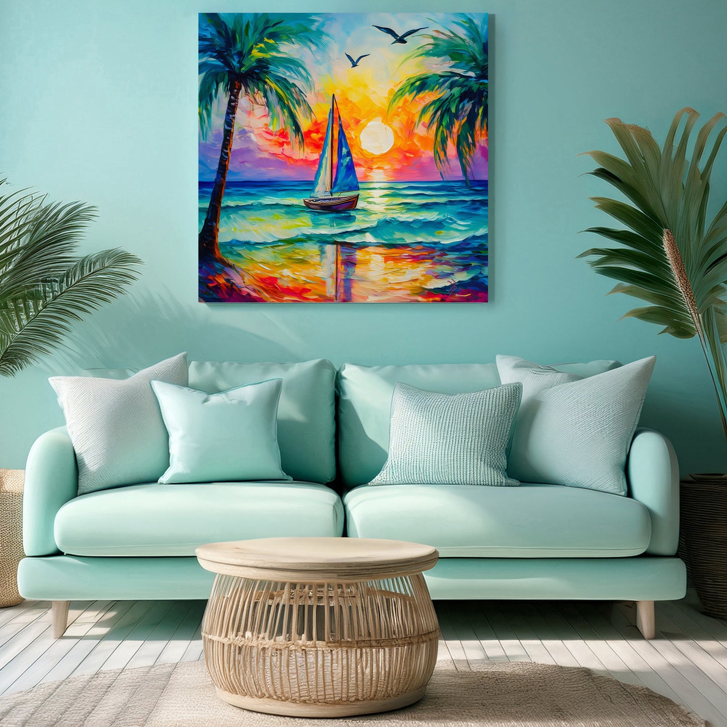 Sailboat, Palm Trees, Sunset, Ocean Waves Print on Canvas or Paper