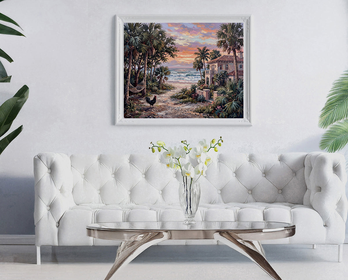 An Evening by the Sea – Key West Sunset, Hammock & Rooster | Canvas or Paper Art Print