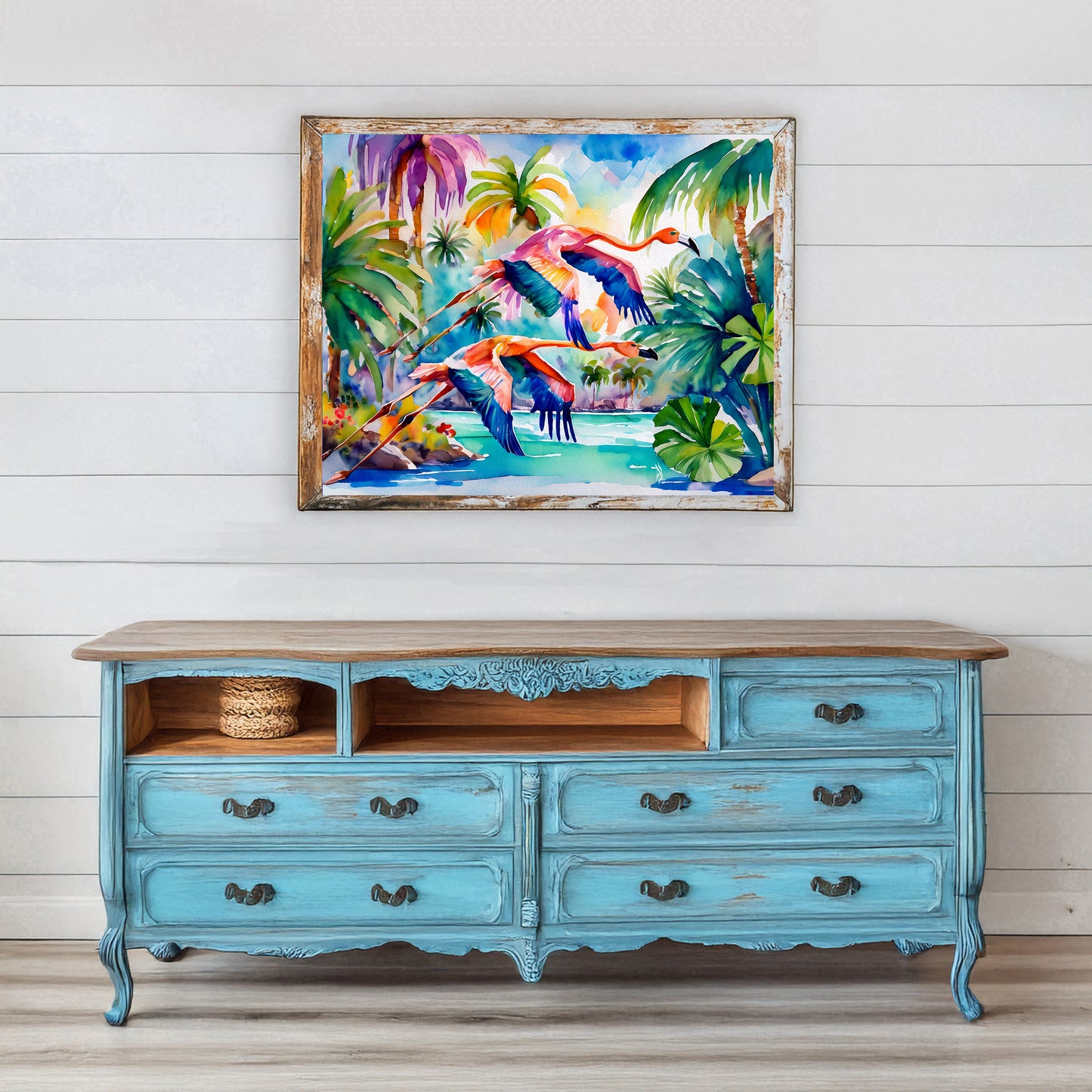 Flamingos Flying Coastal Tropical Landscape Vibrant Print