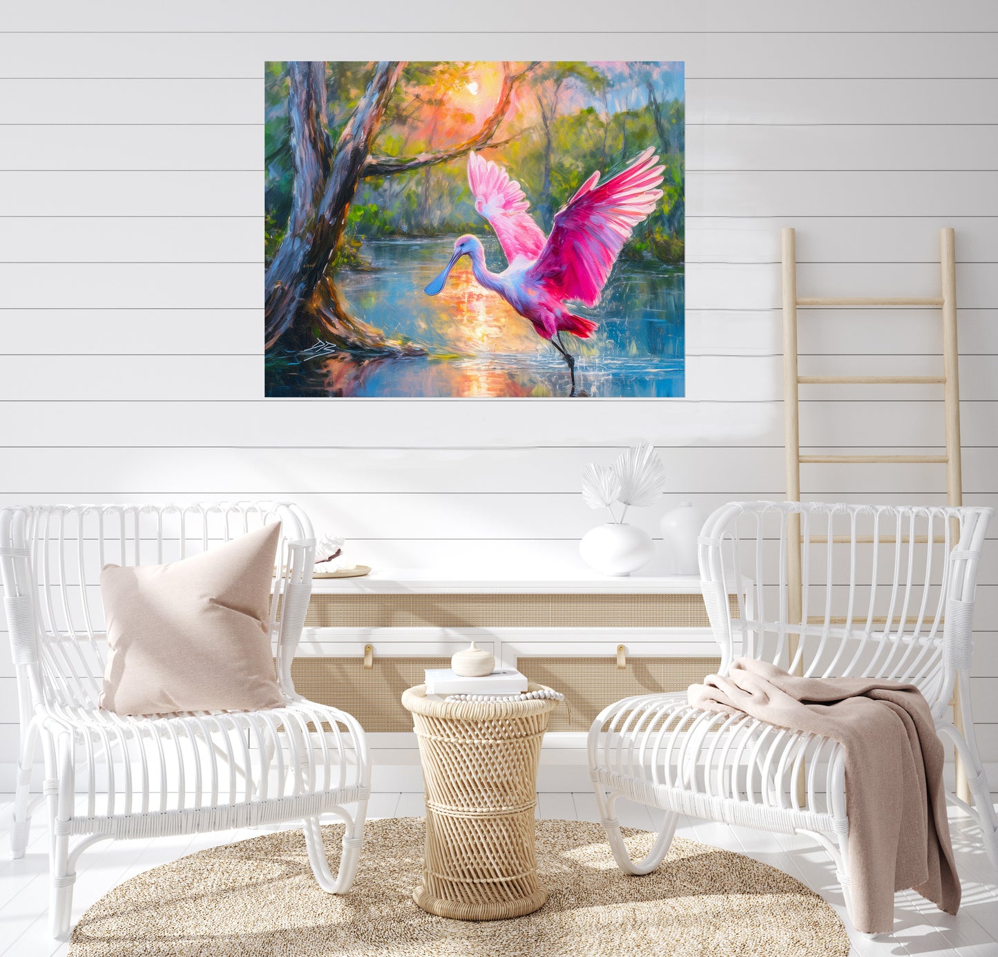 Roseate Spoonbill Wildlife Print: Florida Birds, Coastal Landscape Art