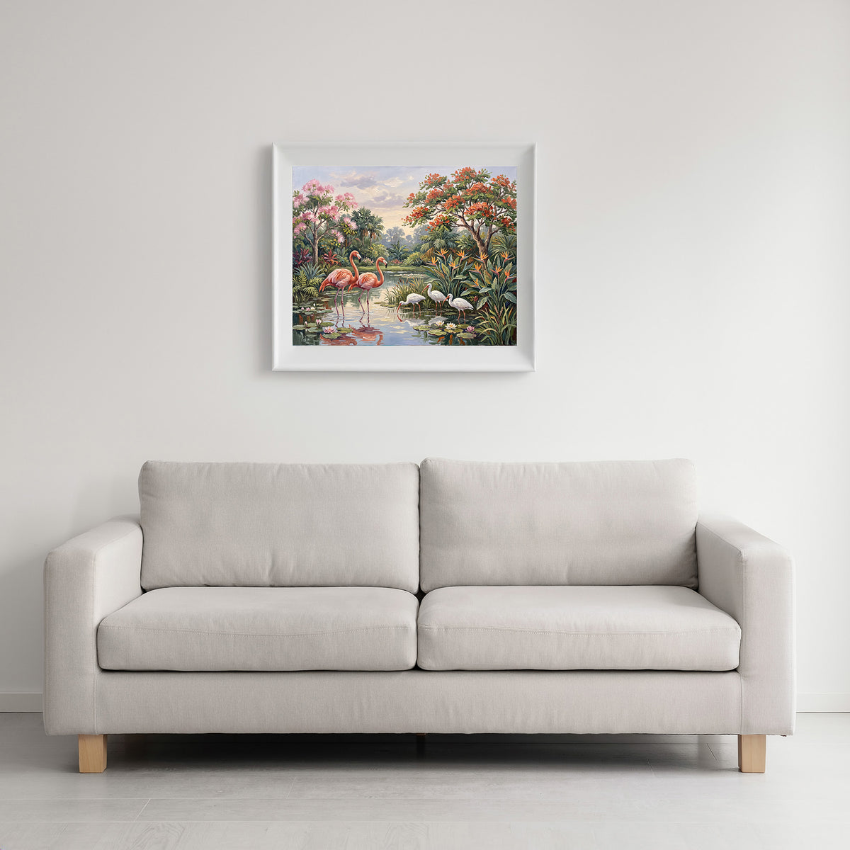 Wading in Paradise – Flamingos & White Ibis | Canvas or Paper Art Print
