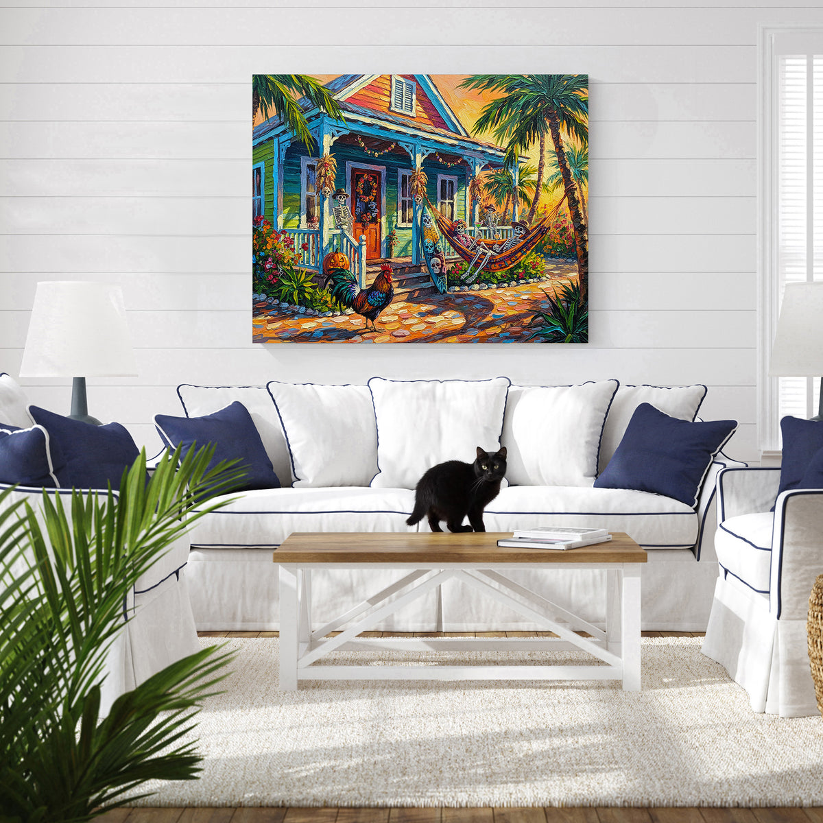 Key West Halloween Skeleton Conch Cottage with Rooster | Canvas or Paper Art Print
