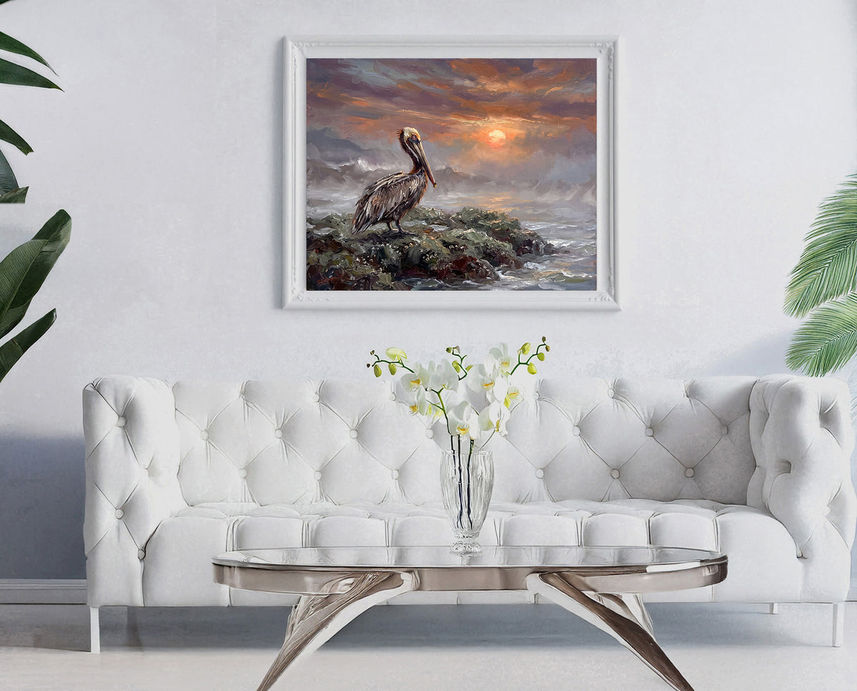 Keeper of the Evening Tide – Pelican at Sunset | Canvas or Paper Art Print