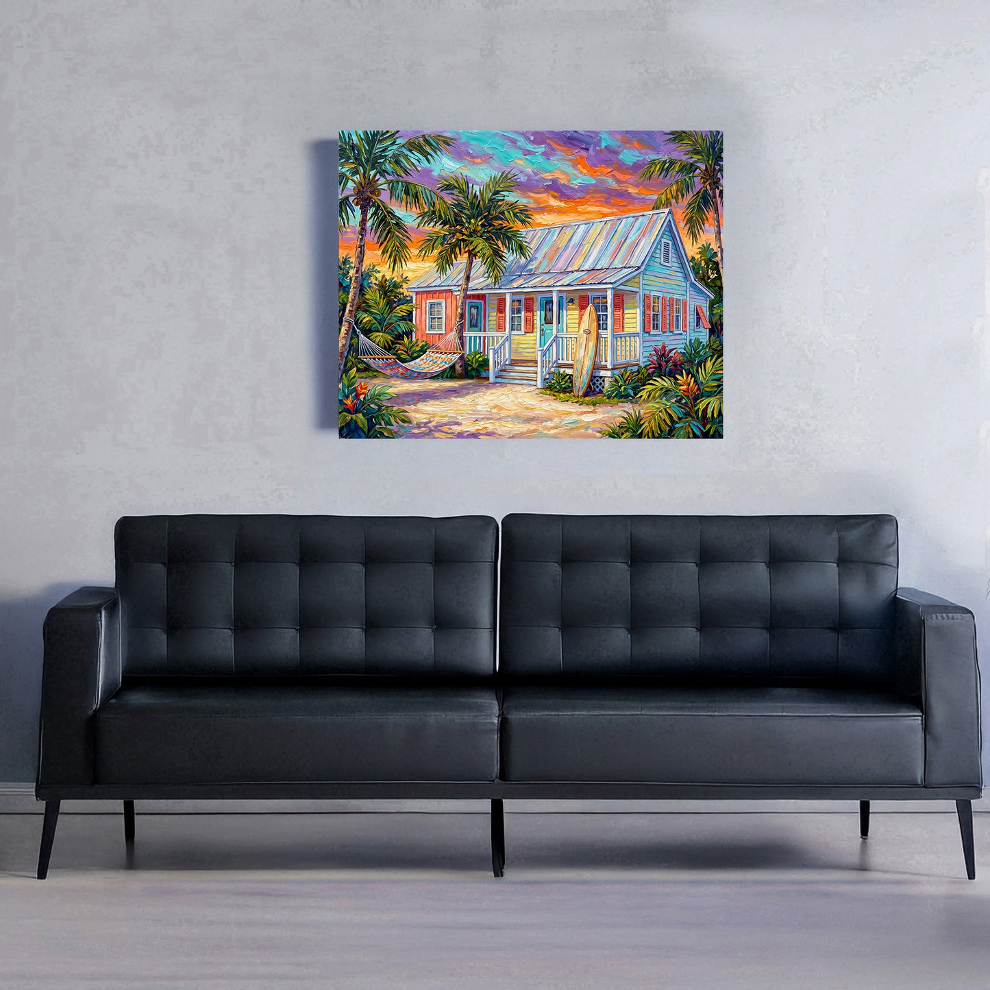 Key West Sunset Conch Cottage with Surfboard & Hammock | Canvas or Paper Art Print